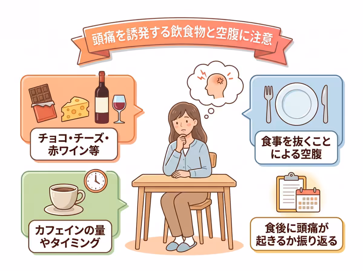 頭痛を誘発する飲食物と空腹に注意