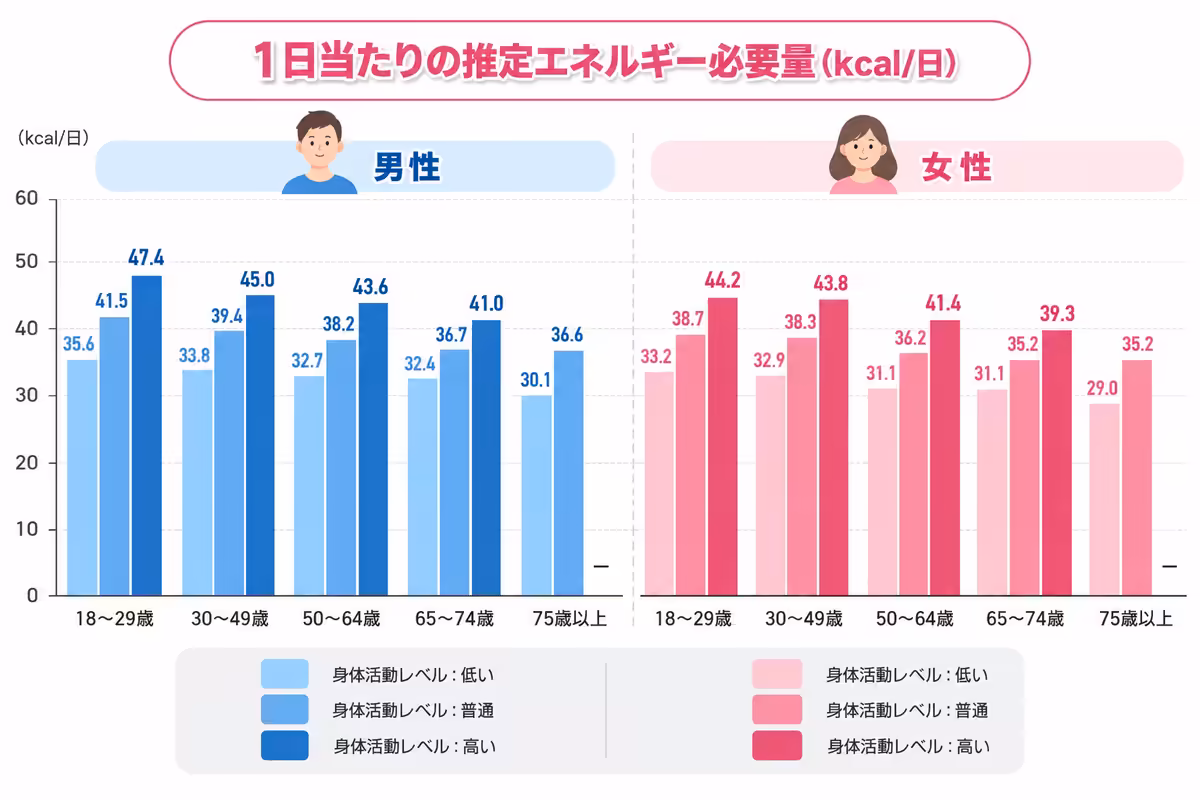 男女別1日の推定エネルギー必要量グラフ