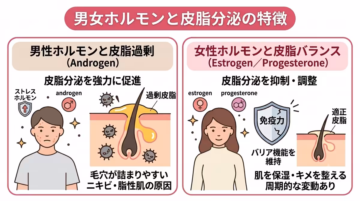 男性ホルモンと女性ホルモンの皮脂に関する特徴まとめ