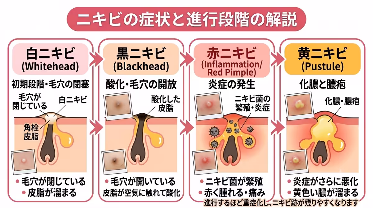 ４つのニキビの進行と特徴まとめ