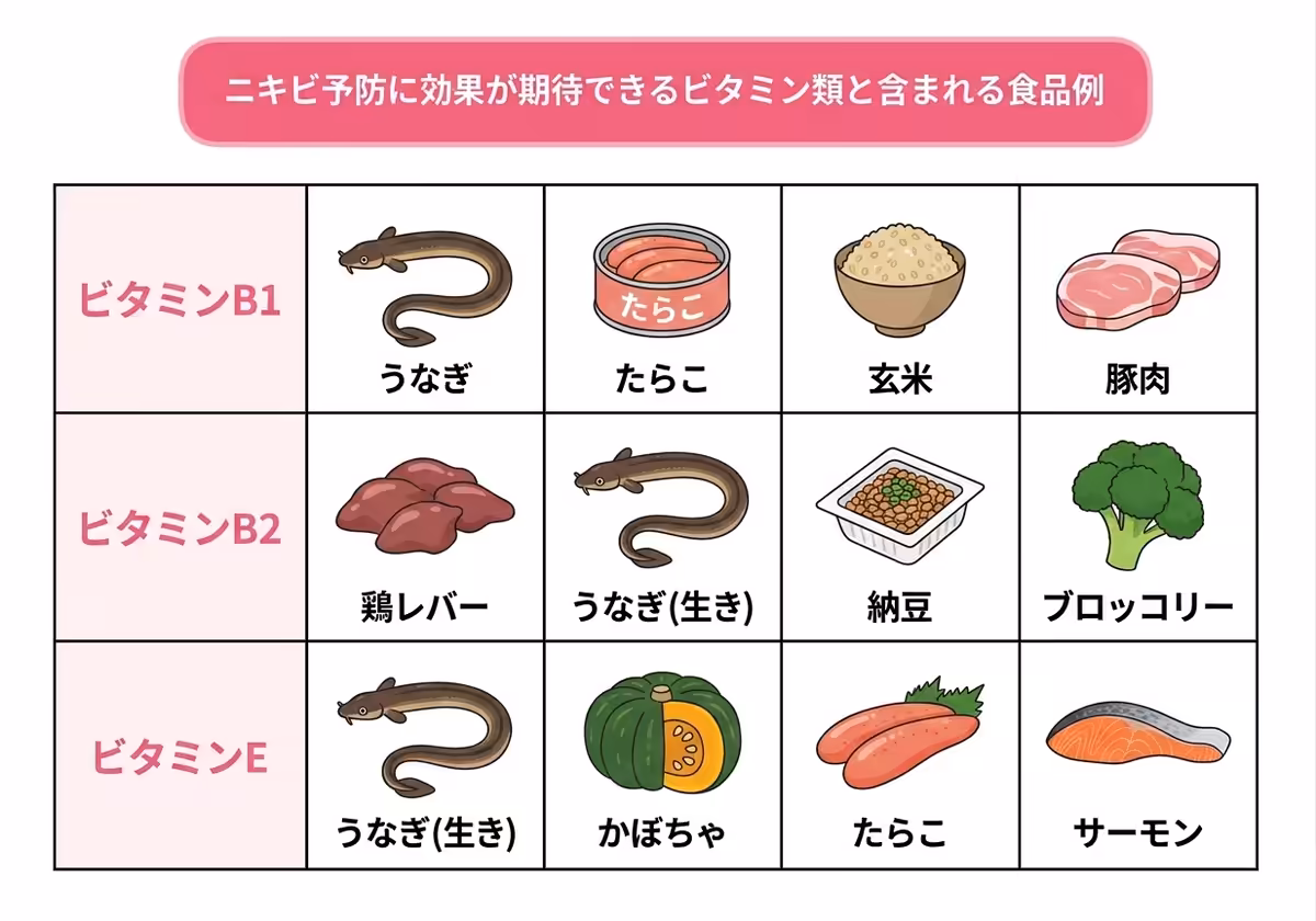 各ビタミンの種類を摂れる食品のイラストを整理した絵