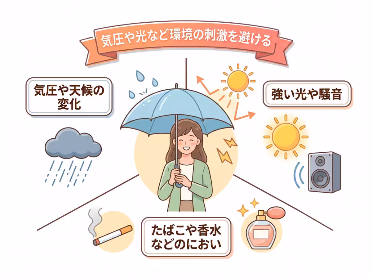 気圧や光など環境の刺激を避ける